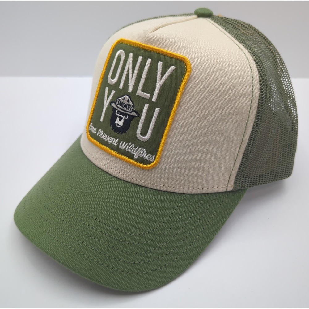 Smokey Bear Only You Prevent Wildfires Trucker Hat Mesh Snapback Green Cream NEW - Picture 3 of 12